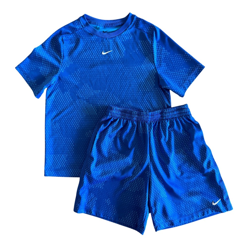 Nike Boys Blue Logo Print Dri-FIT Shirt Shorts Athletic Outfit - Youth Large
